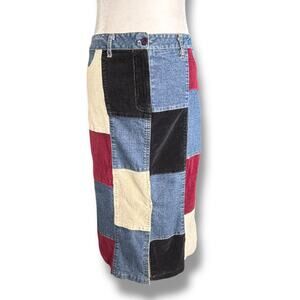 Y2K Vintage Patchwork Colorblock Denim Corduroy Pencil Skirt Burgundy Cream